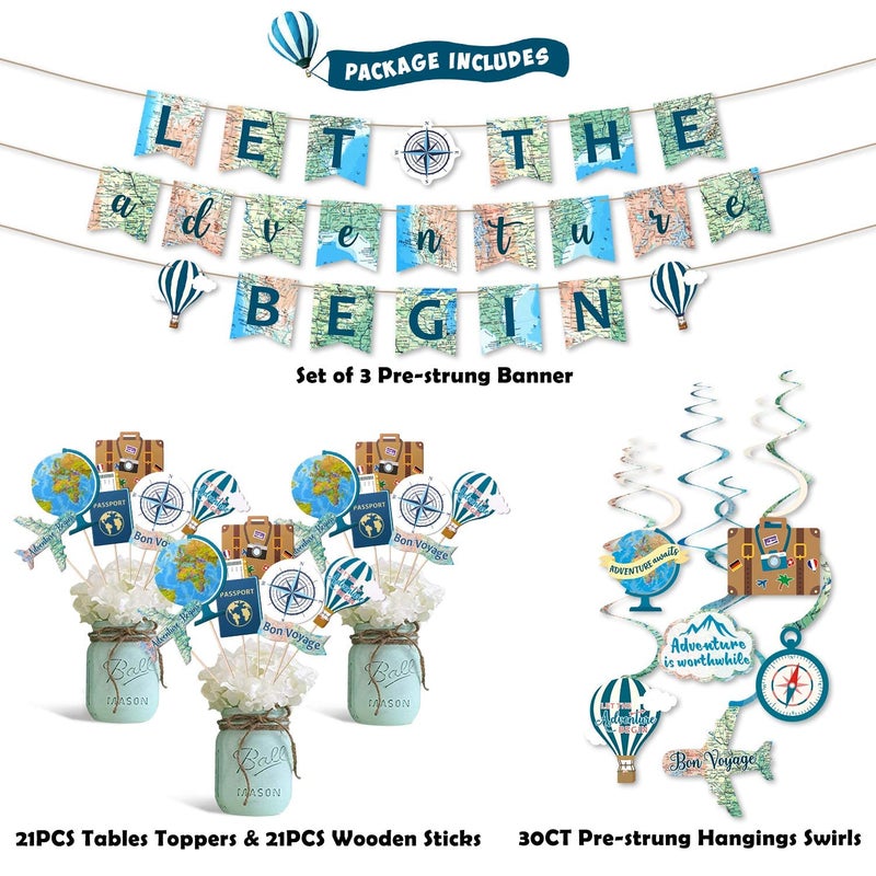 Yaaaaasss! 52 PCS Travel Themed Party Decorations Set Let the Adventure Begin Banner Centerpieces Sticks Hanging Swirls for Bon Voyage Retirement Farewell Party World Awaits Birthday Baby Shower Decor Supplie - Image 4